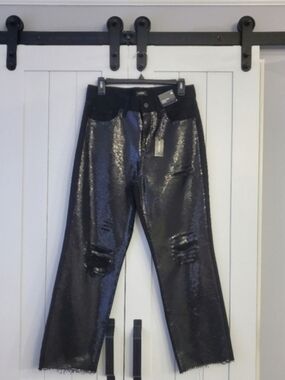 Express High Waisted Sequin Front Ripped Raw Hem Straight Ankle Jeans. NEW!